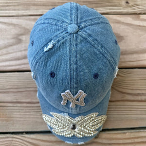 Custom Denim Beaded Silver Crystal Applique NY Hat - Rebel P Customs
