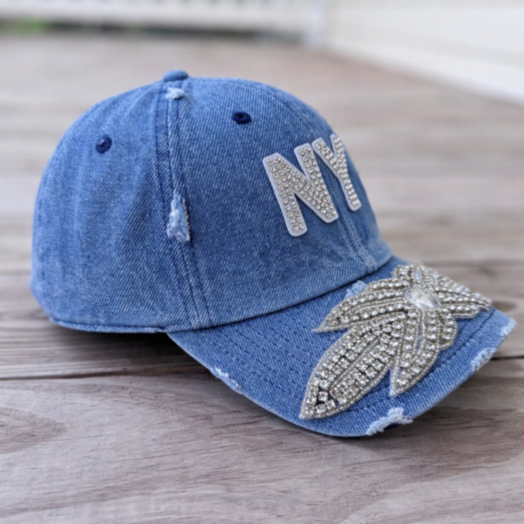 Custom Denim Beaded Silver Crystal Applique NY Hat - Rebel P Customs