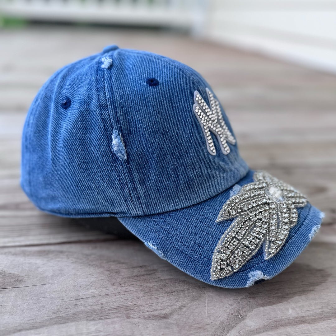 Custom Denim Beaded Silver Crystal Applique NY Hat - Rebel P Customs