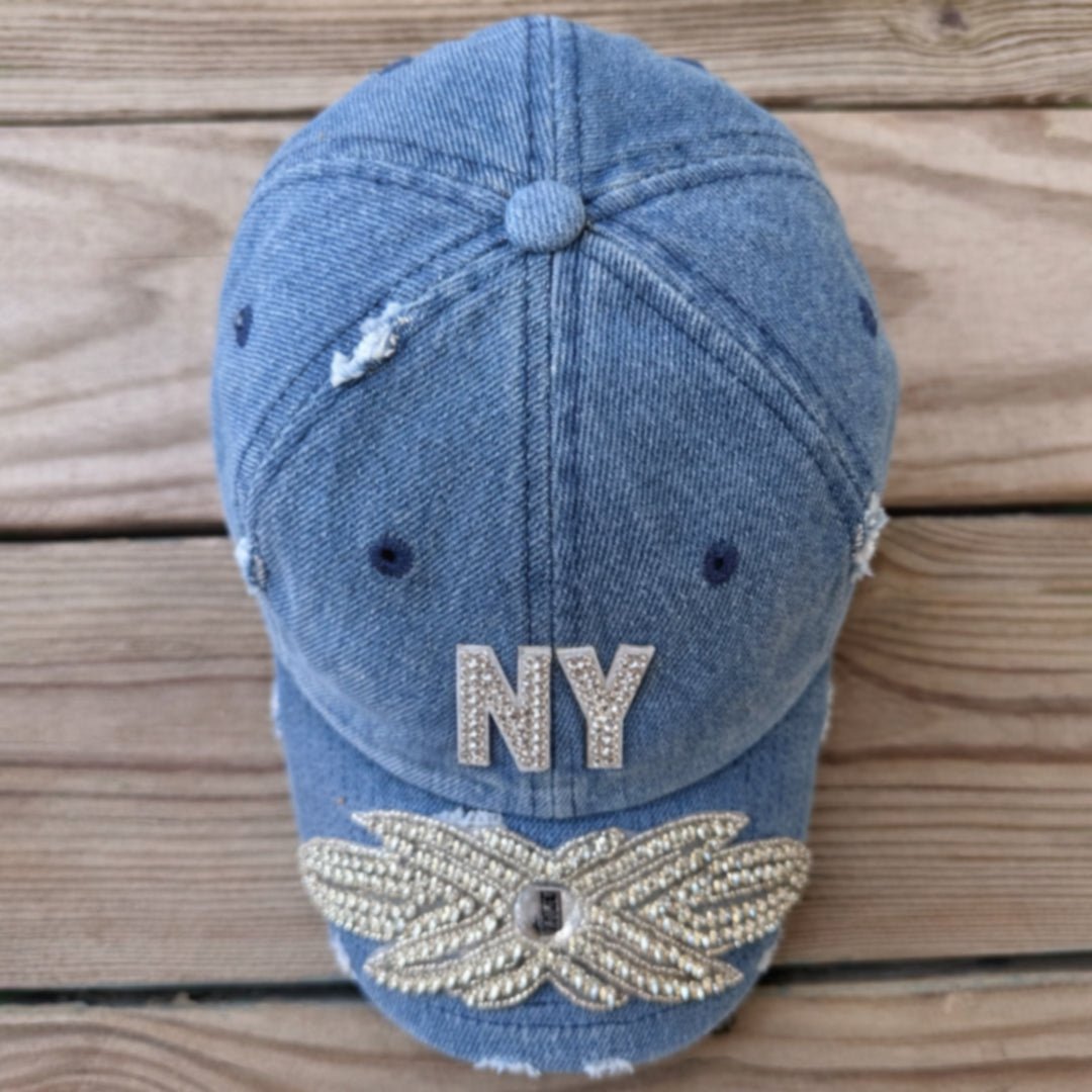 Custom Denim Beaded Silver Crystal Applique NY Hat - Rebel P Customs
