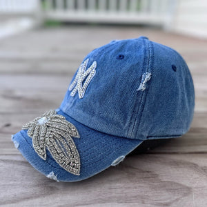 Custom Denim Beaded Silver Crystal Applique NY Hat - Rebel P Customs