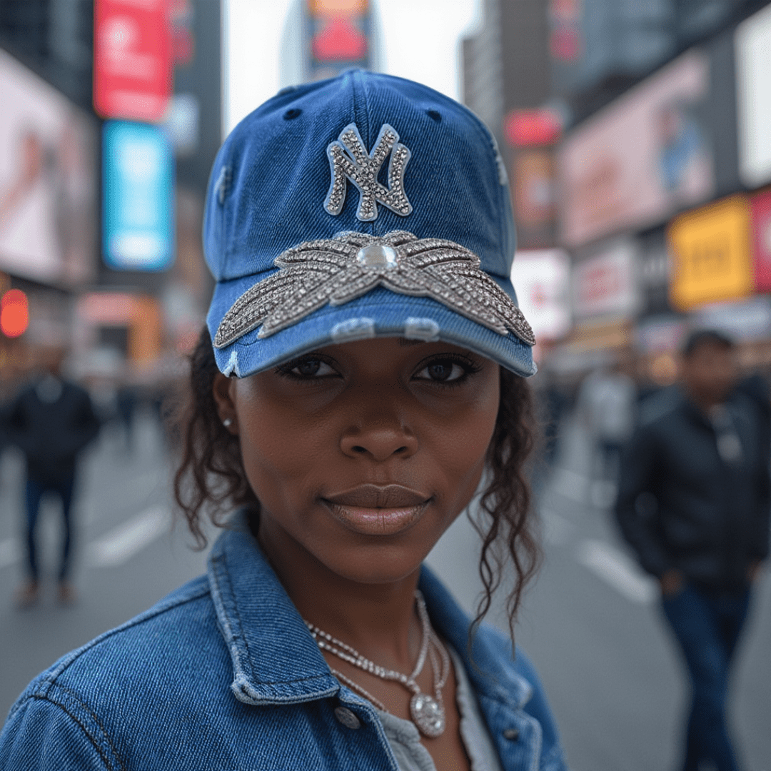 Custom Denim Beaded Silver Crystal Applique NY Hat - Rebel P Customs