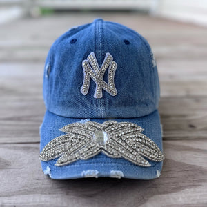 Custom Denim Beaded Silver Crystal Applique NY Hat - Rebel P Customs