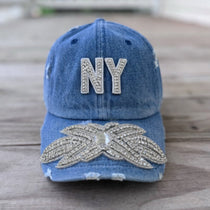 Custom Denim Beaded Silver Crystal Applique NY Hat - Rebel P Customs