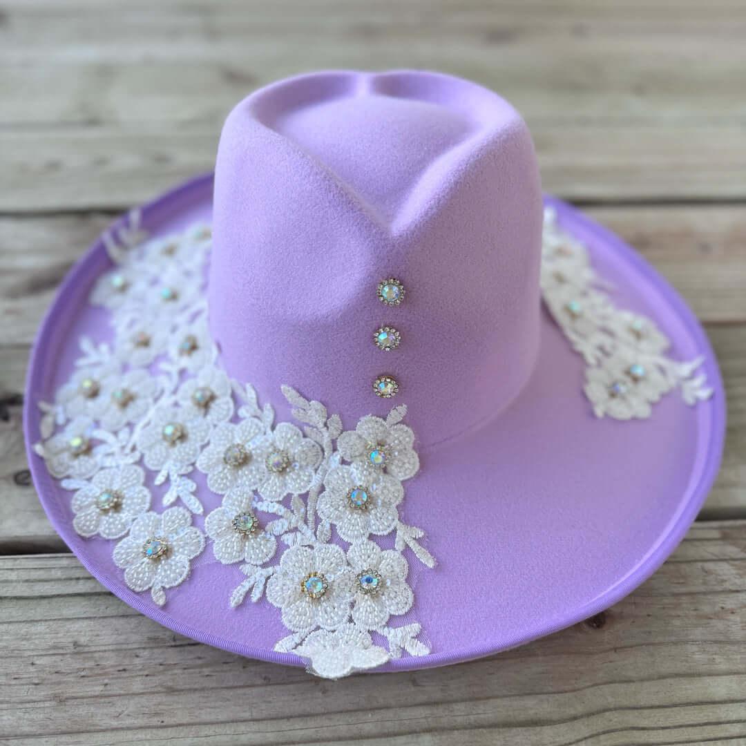 Custom Lilac White Crystal Applique Fedora Hat - Rebel P Customs