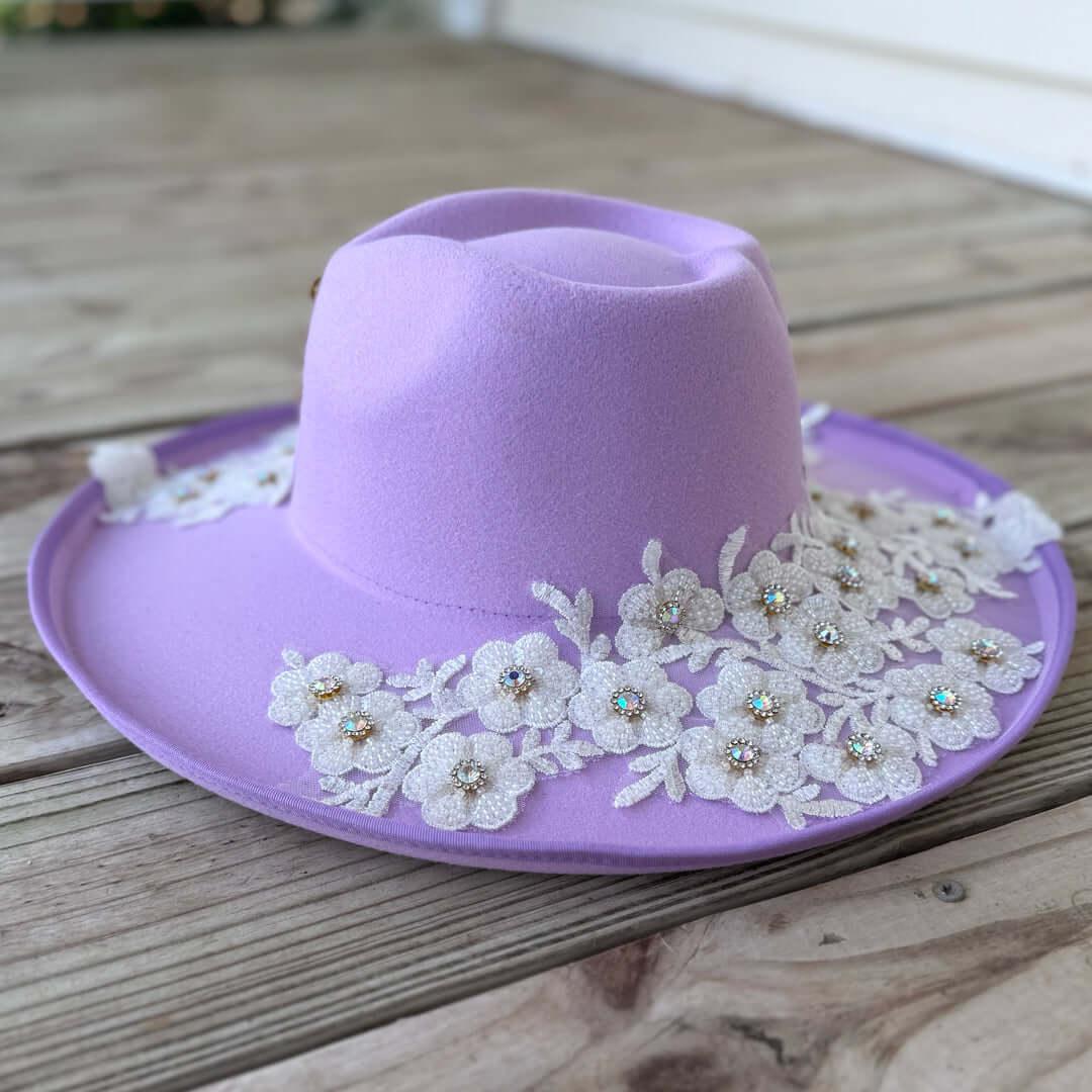 Custom Lilac White Crystal Applique Fedora Hat - Rebel P Customs