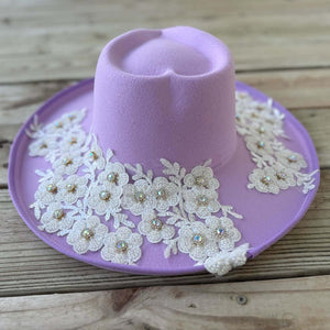 Custom Lilac White Crystal Applique Fedora Hat - Rebel P Customs