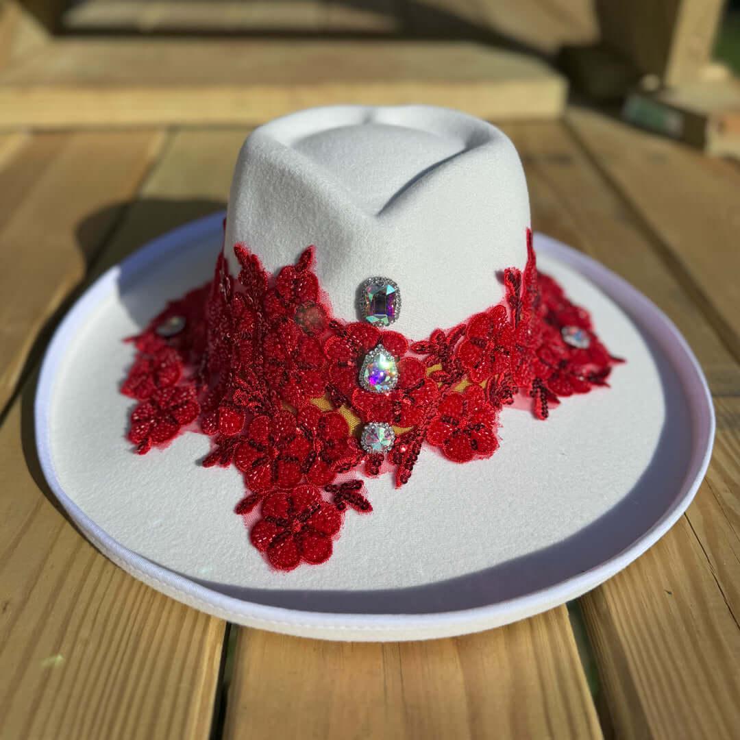 Custom Red Crystal Applique Fedora Hat - Rebel P Customs