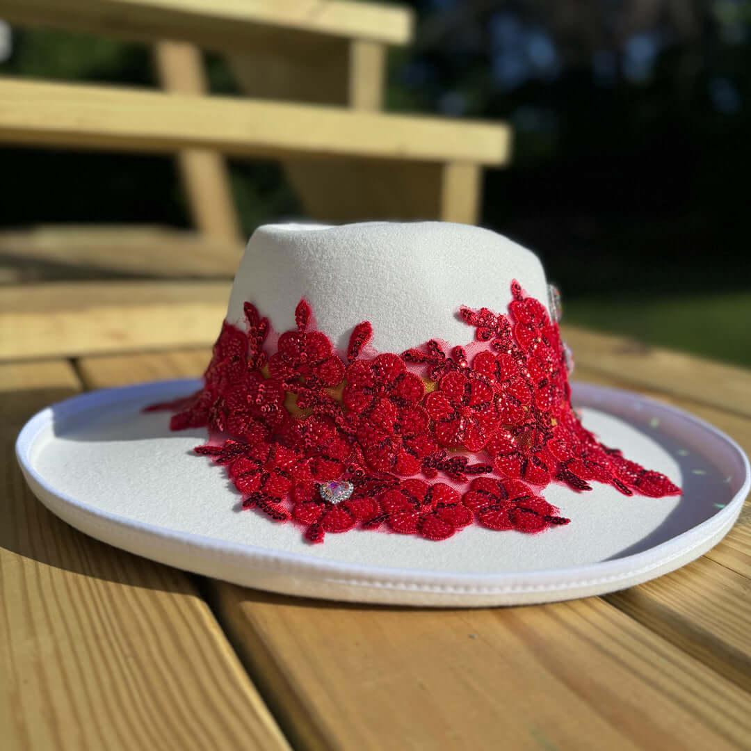 Custom Red Crystal Applique Fedora Hat - Rebel P Customs