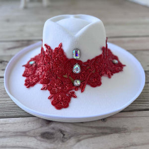 Custom Red Crystal Applique Fedora Hat - Rebel P Customs