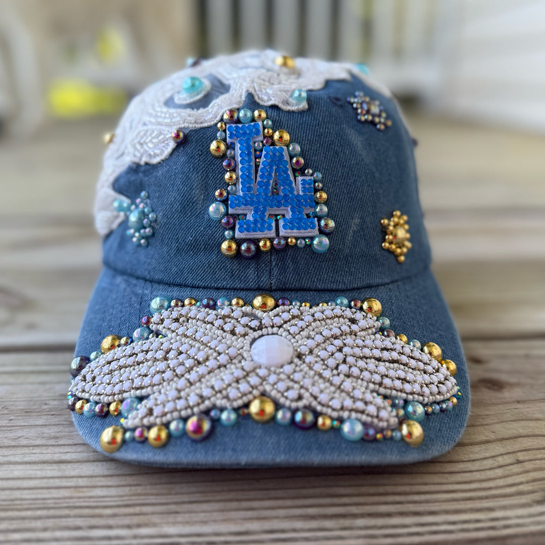 Custom Denim Beaded Pearl Crystal Applique LA Hat - Rebel P Customs