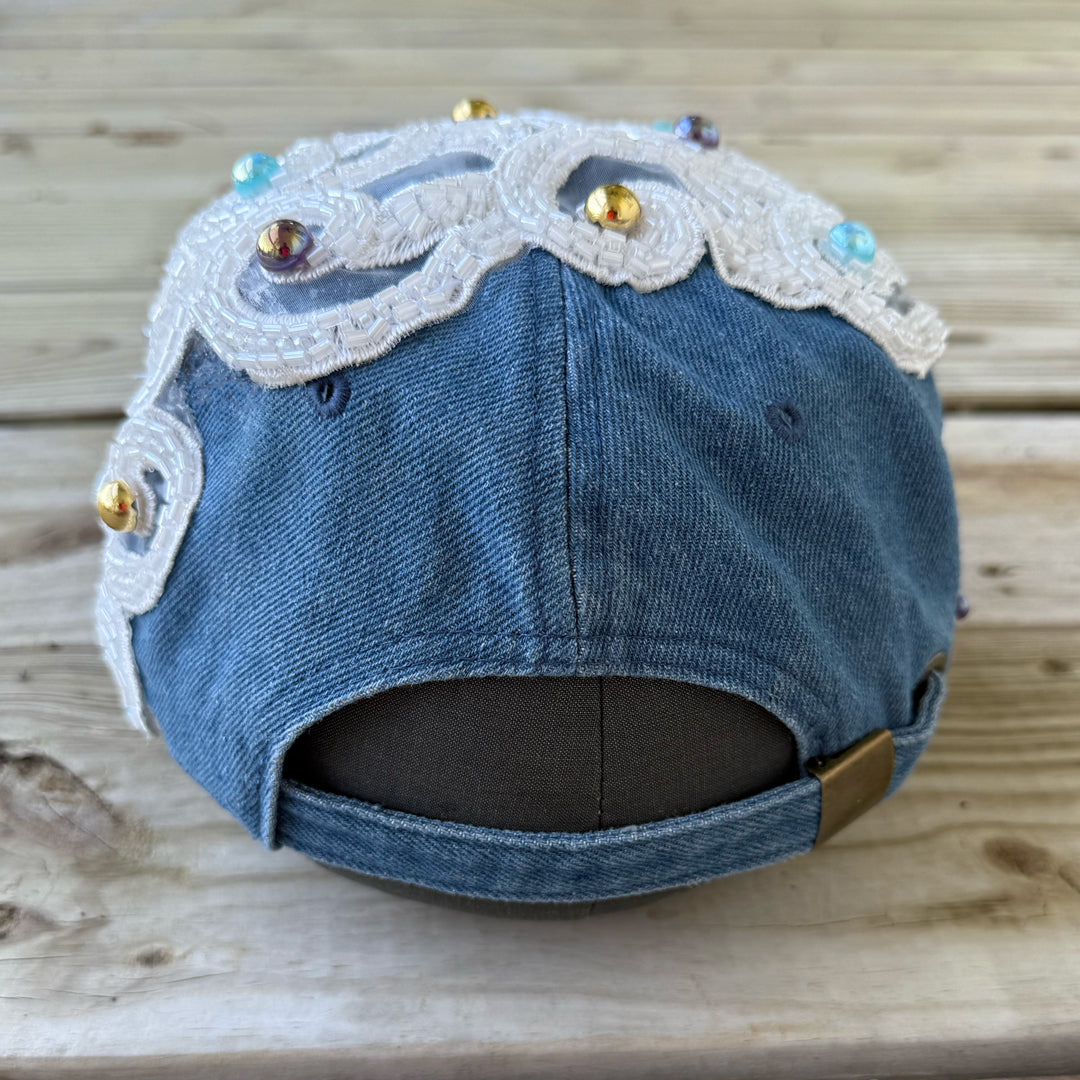 Custom Denim Beaded Pearl Crystal Applique LA Hat - Rebel P Customs