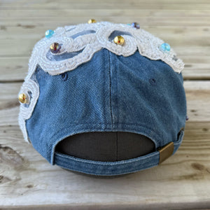 Custom Denim Beaded Pearl Crystal Applique LA Hat - Rebel P Customs