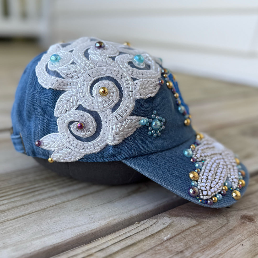 Custom Denim Beaded Pearl Crystal Applique LA Hat - Rebel P Customs