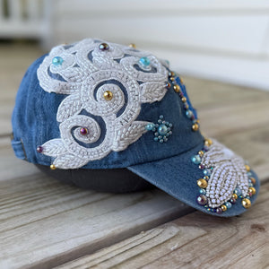 Custom Denim Beaded Pearl Crystal Applique LA Hat - Rebel P Customs