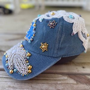 Custom Denim Beaded Pearl Crystal Applique LA Hat - Rebel P Customs