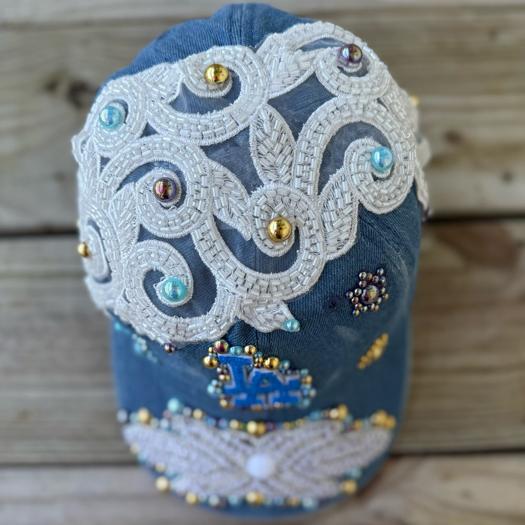 Custom Denim Beaded Pearl Crystal Applique LA Hat - Rebel P Customs