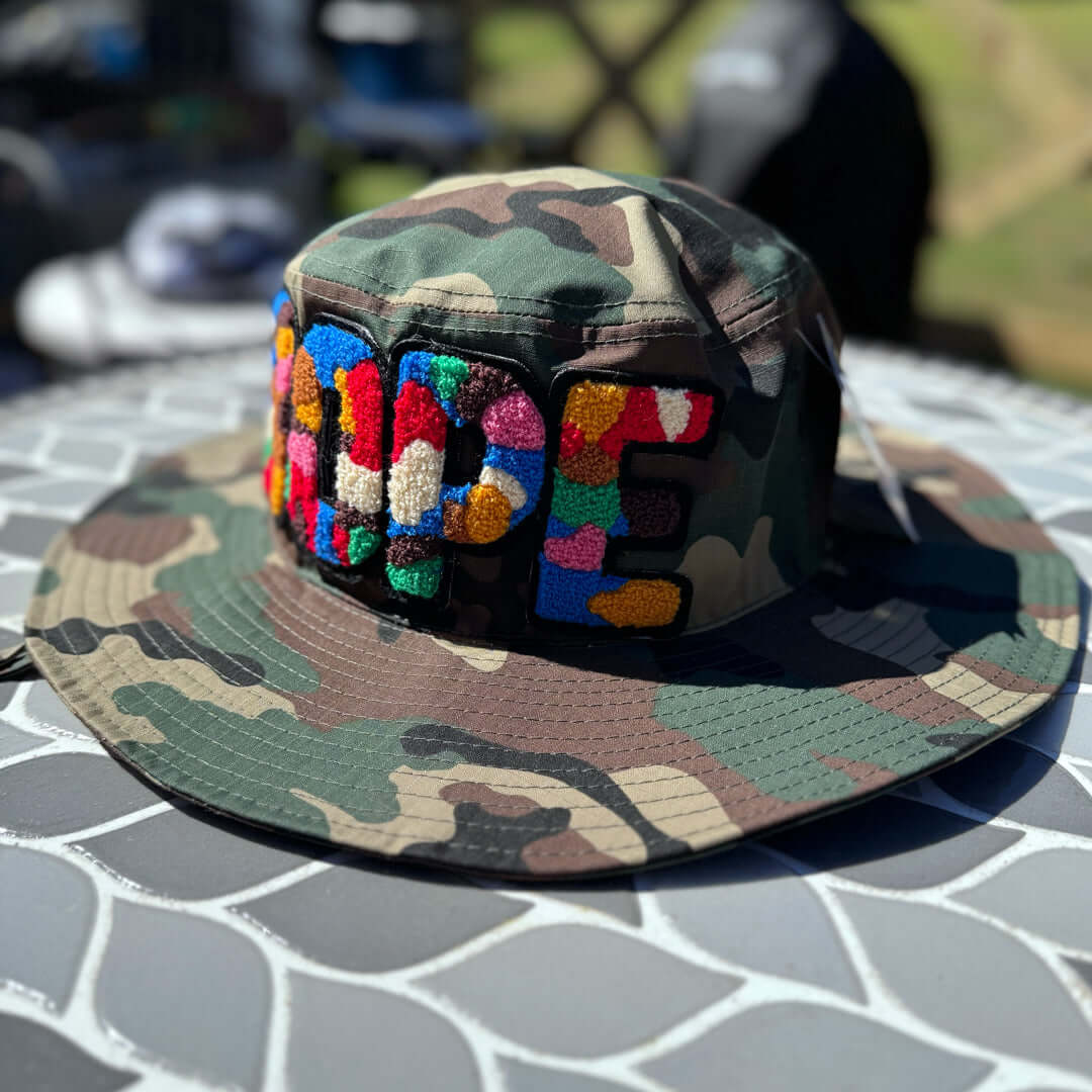 Chenille Dope Camo Patched Boonie Bucket Hat