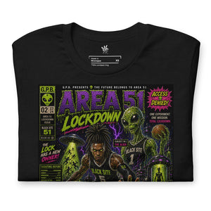 Closeup of Garbage Pail Ballers “Area 51 Lockdown” Vintage Hardwood Unisex T-Shirt