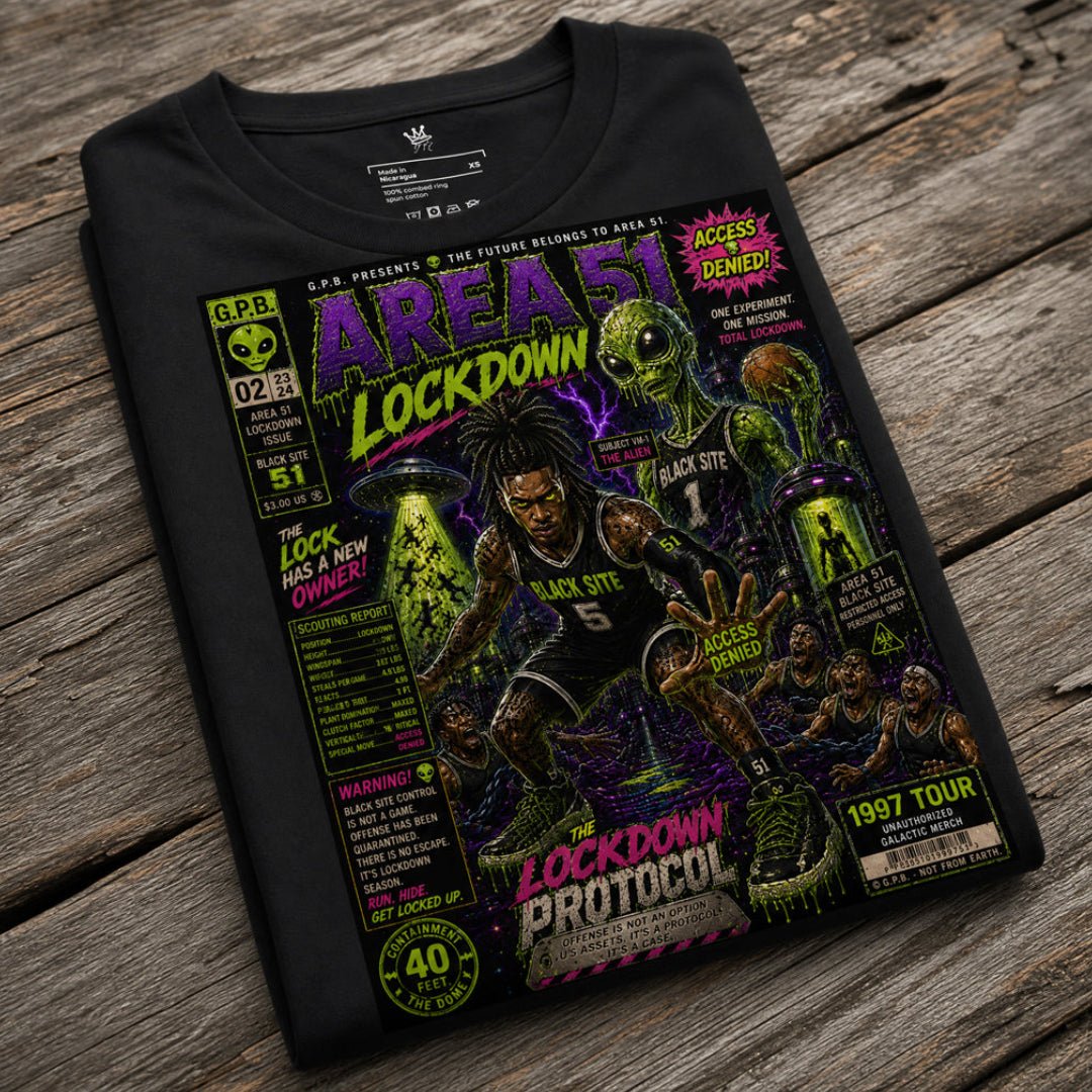 Folded View of Garbage Pail Ballers “Area 51 Lockdown” Vintage Hardwood Unisex T-Shirt - Rebel P Customs
