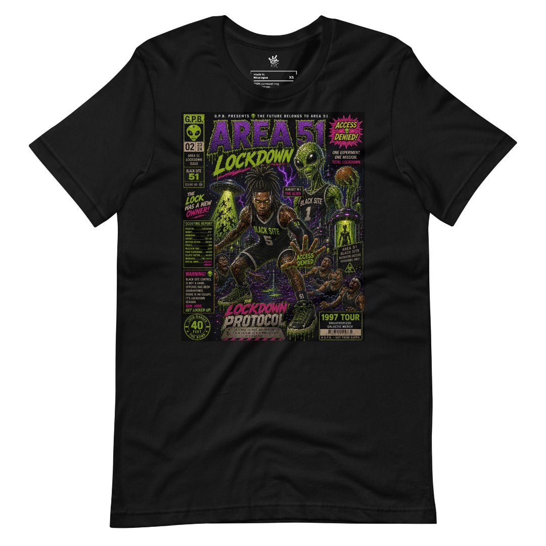 Wrinkled View of Garbage Pail Ballers “Area 51 Lockdown” Vintage Hardwood Unisex T-Shirt