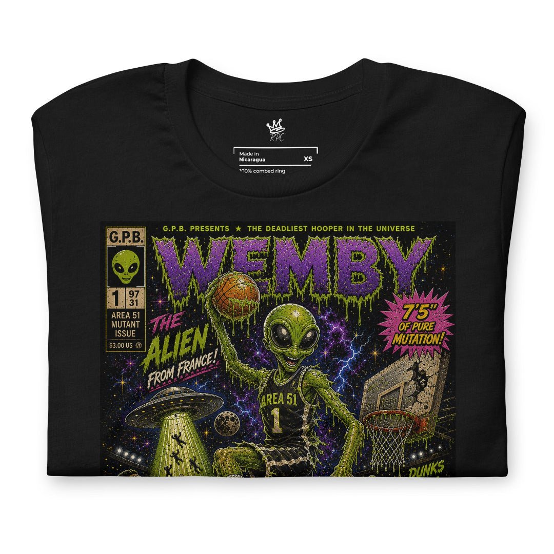 Closeup of Garbage Pail Ballers “Area 51 Mutant” Vintage Hardwood Unisex T-Shirt - Rebel P Customs