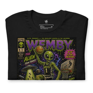 Closeup of Garbage Pail Ballers “Area 51 Mutant” Vintage Hardwood Unisex T-Shirt - Rebel P Customs