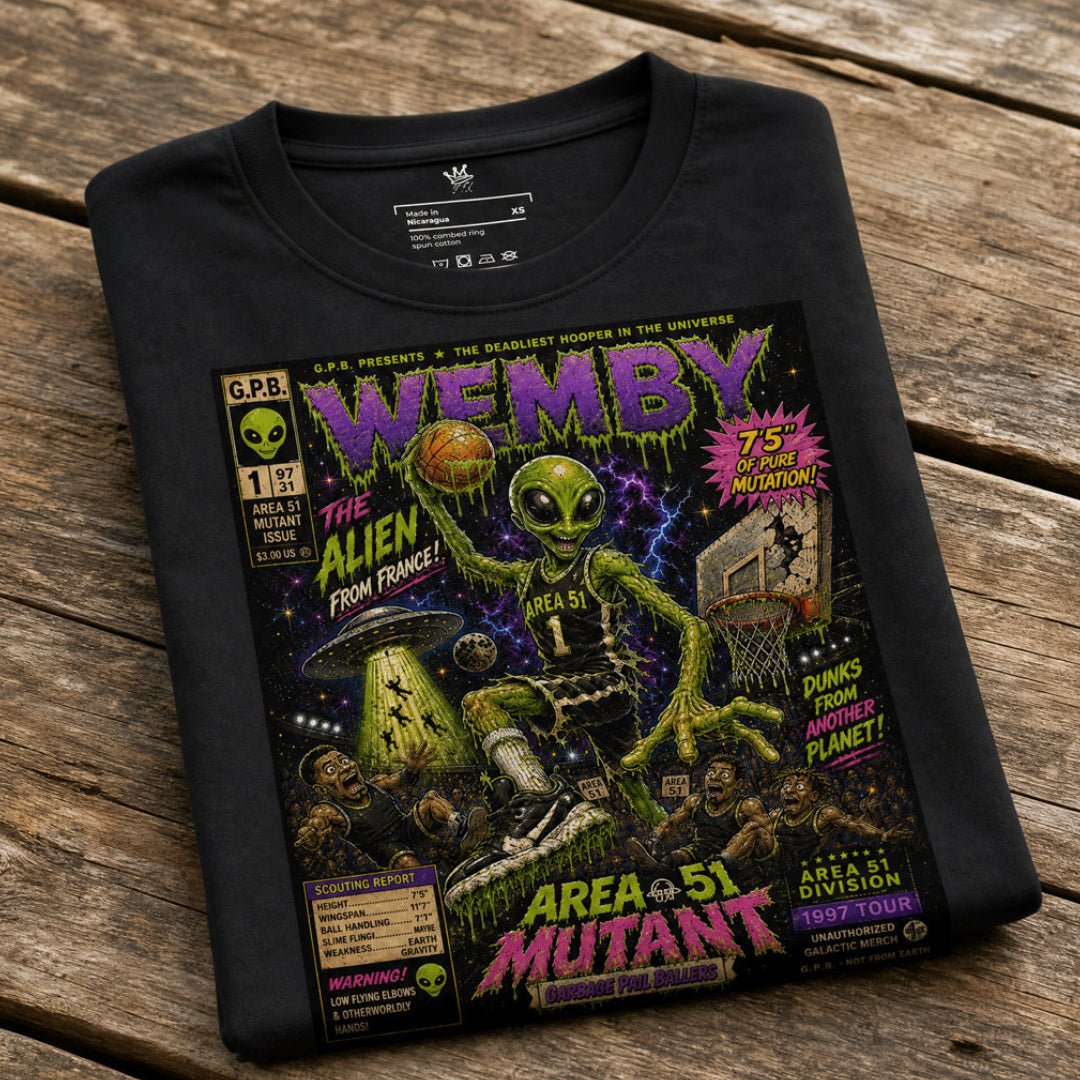 Folded View of Garbage Pail Ballers “Area 51 Mutant” Vintage Hardwood Unisex T-Shirt - Rebel P Customs