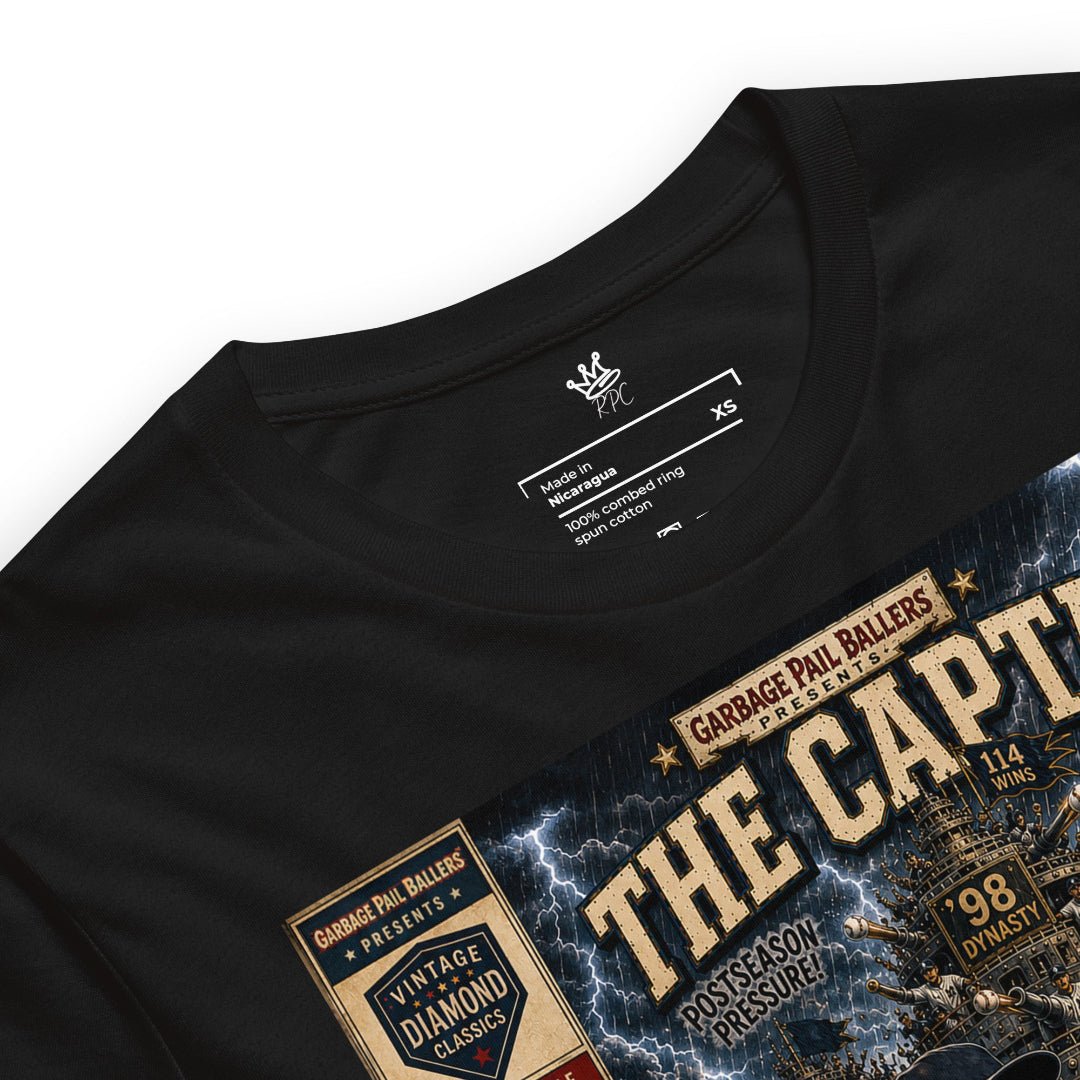Detailed view of Garbage Pail Ballers™ The Captain Vintage Diamond Classics artwork featuring a baseball captain character illustrated in vintage comic and trading card style. Rebel P Customs