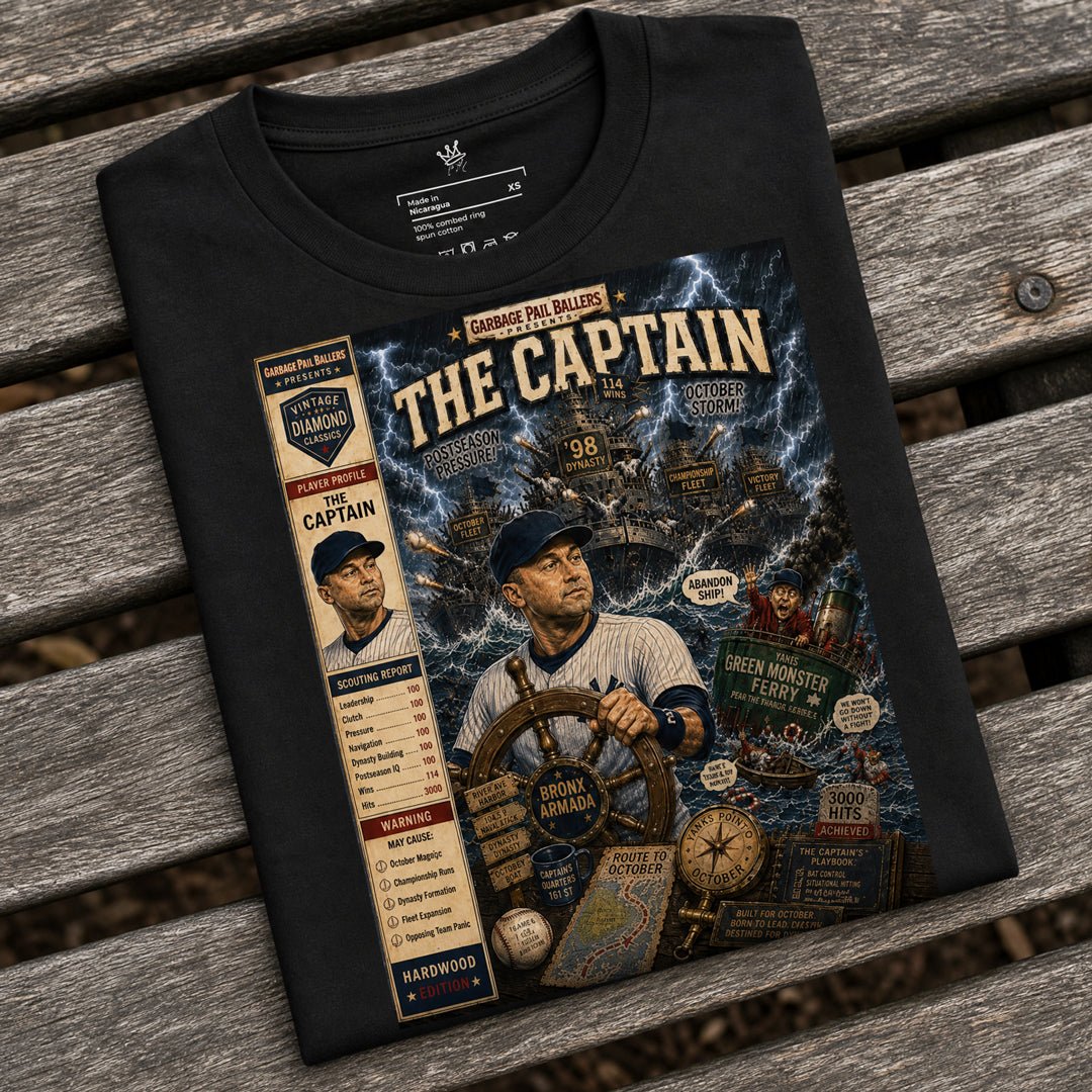 Black unisex T-shirt featuring the Garbage Pail Ballers™ The Captain Vintage Diamond Classics baseball graphic by Rebel P Customs.