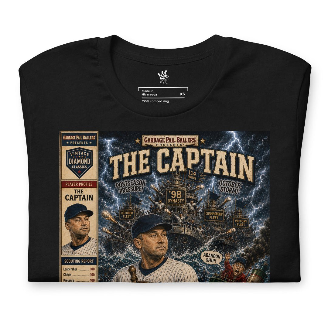 Close-up of Garbage Pail Ballers™ The Captain Vintage Diamond Classics artwork featuring a baseball captain character illustrated in vintage comic and trading card style. Rebel P Customs