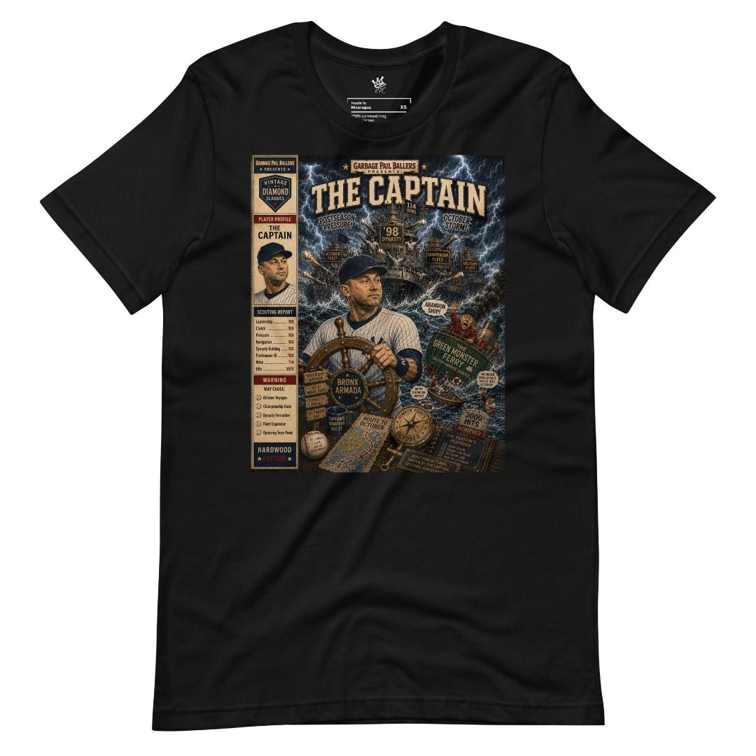Wrinkled View Black unisex T-shirt featuring the Garbage Pail Ballers™ The Captain Vintage Diamond Classics baseball graphic by Rebel P Customs.