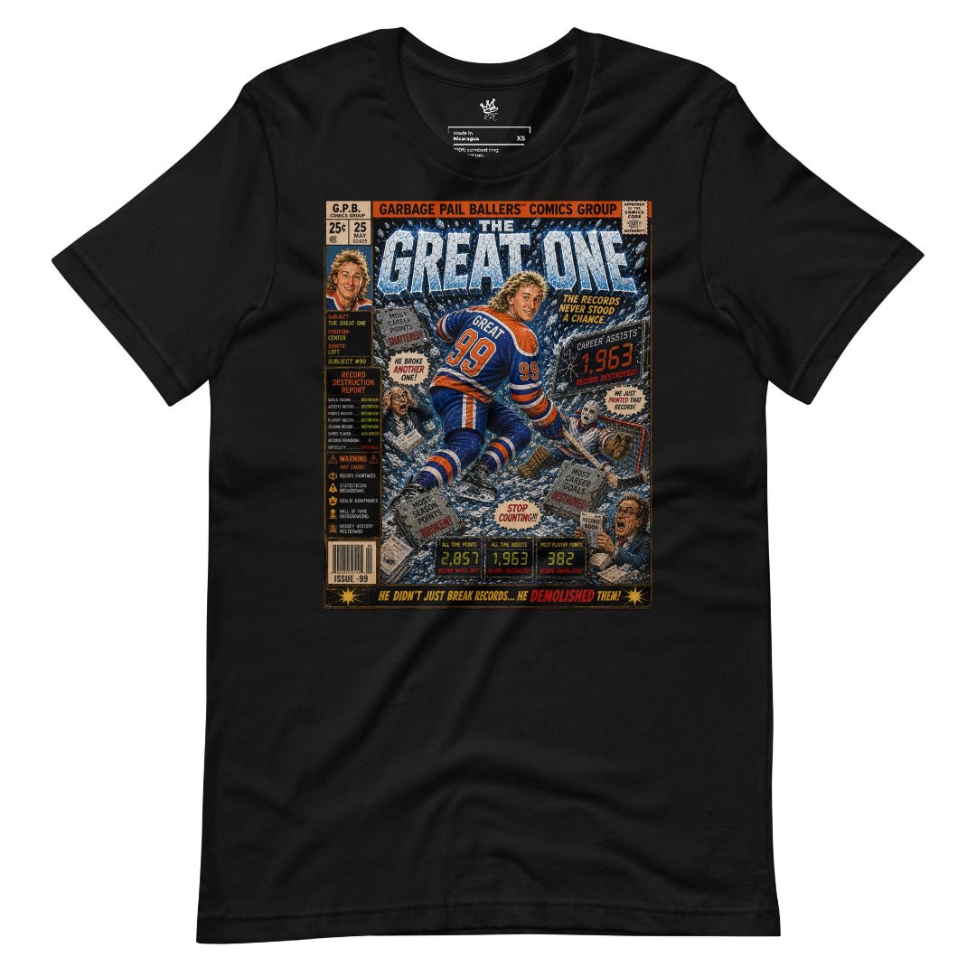 Wrinkled View Black unisex T-shirt featuring The Great One Vintage Ice Classics hockey graphic design.
