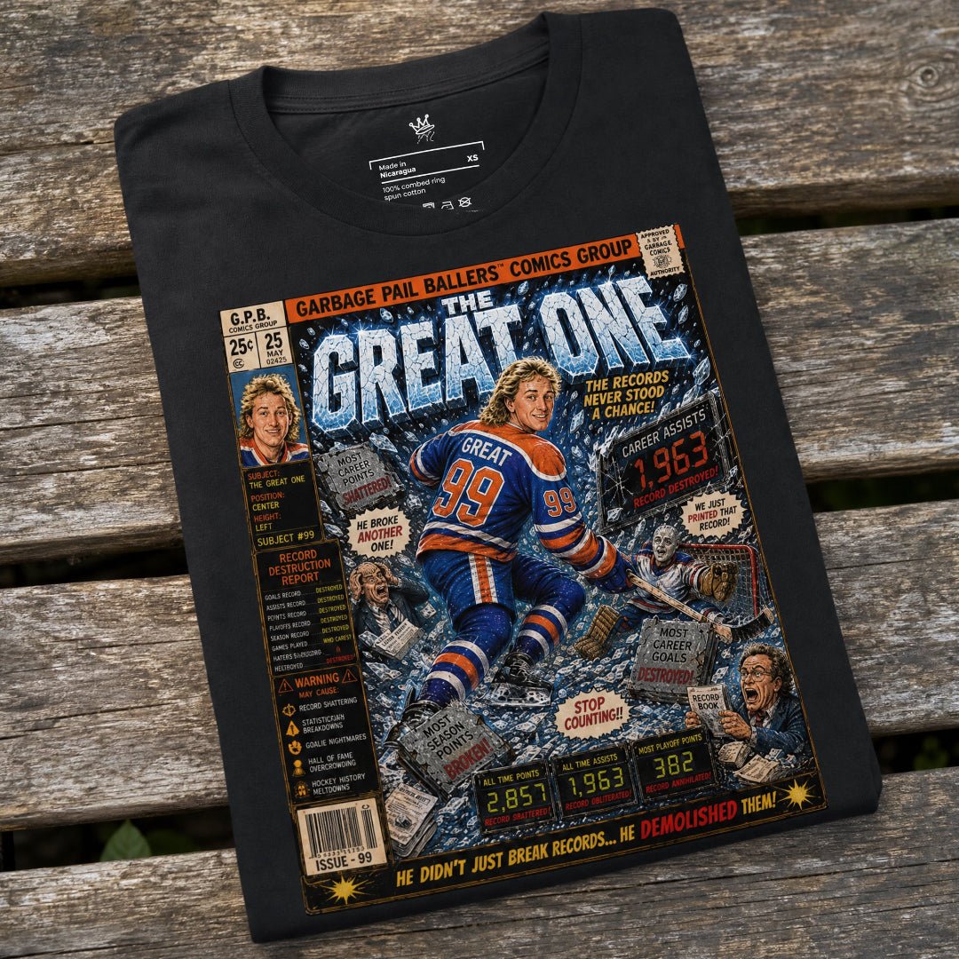 The Great One Vintage Ice Classics hockey graphic T-shirt featuring original parody artwork inspired by a legendary hockey icon