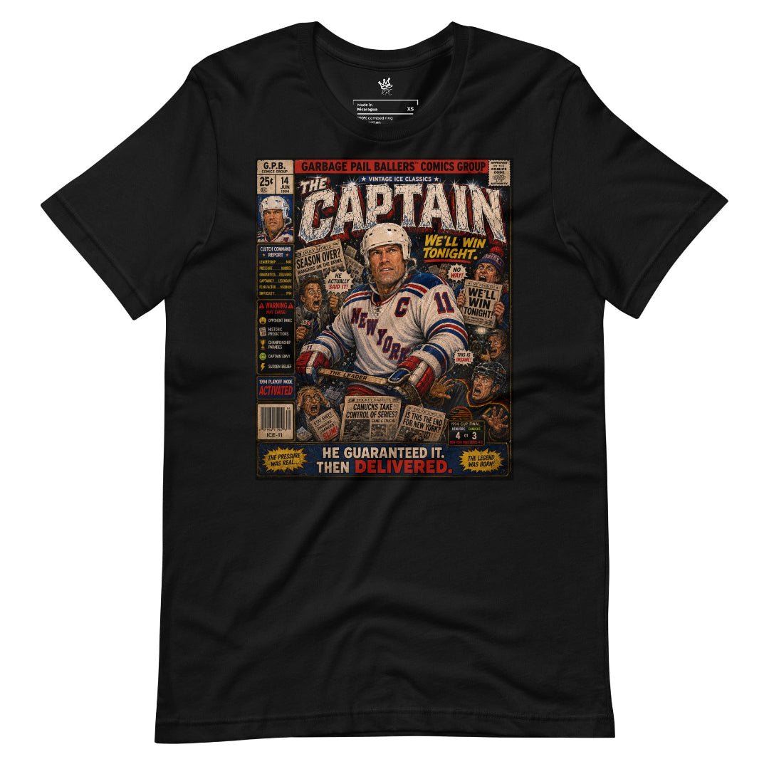 Black unisex T-shirt featuring The Guarantee Vintage Ice Classics hockey graphic design.