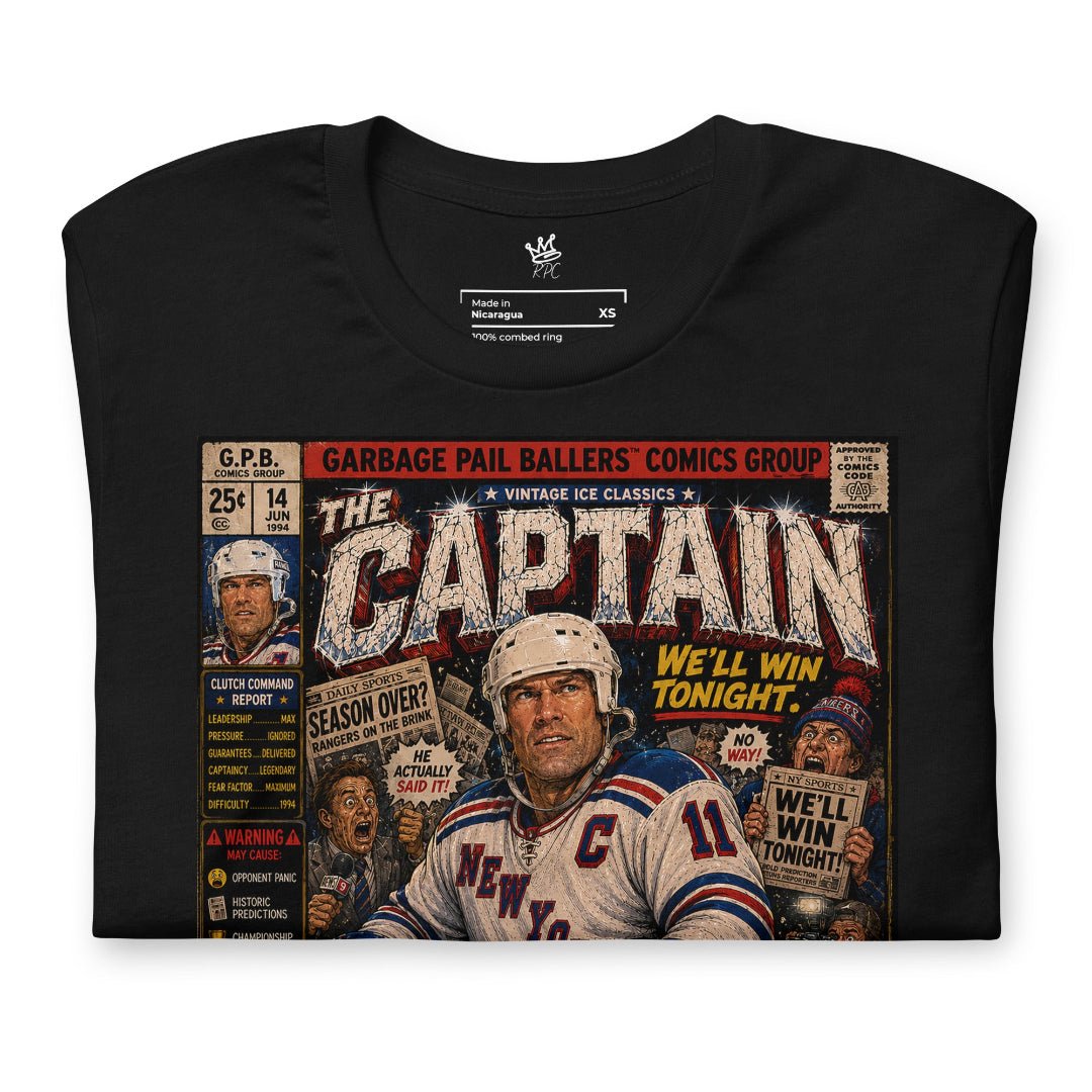 Close-up of The Guarantee hockey-inspired artwork featuring vintage comic-book illustration and collectible sports card aesthetics.