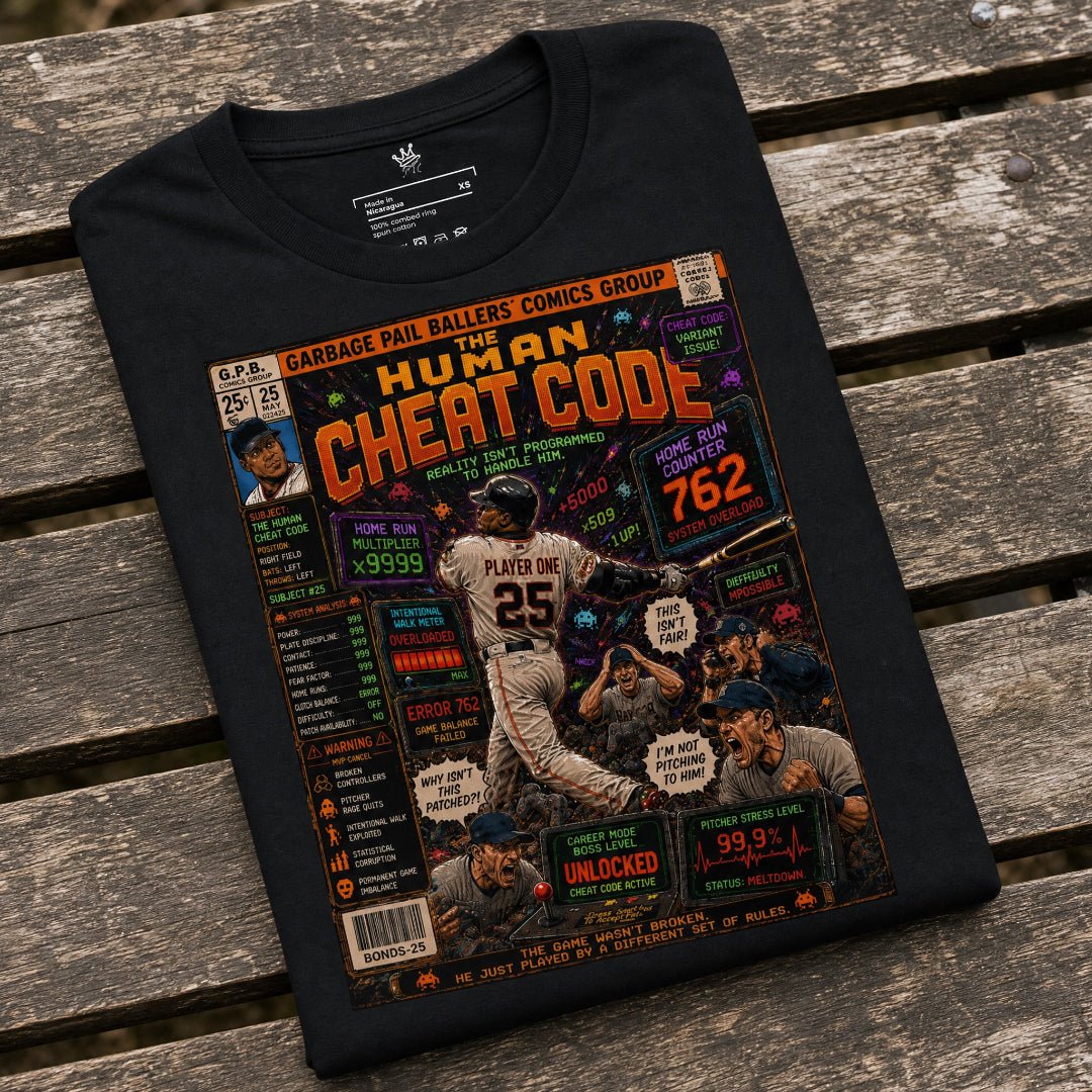 Garbage Pail Ballers™ The Human Cheat Code Vintage Diamond Classics baseball parody graphic t-shirt
