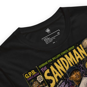 Detailed View Black unisex T-shirt featuring The Sandman Vintage Diamond Classics baseball graphic