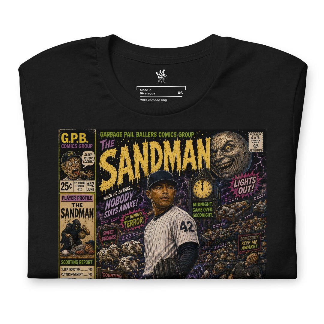 Closeup Black unisex T-shirt featuring The Sandman Vintage Diamond Classics baseball graphic