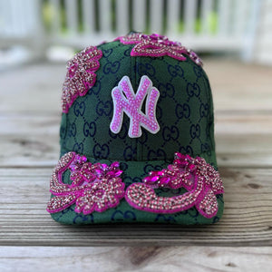 Limited Edition Custom Beaded Pink Crystal Applique Green New York Hat - Rebel P Customs