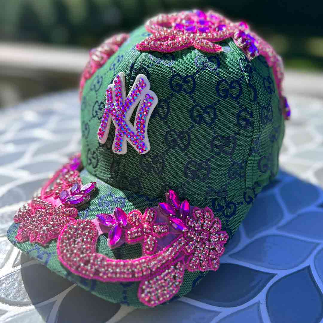 Limited Edition Custom Beaded Pink Crystal Applique Green New York Hat