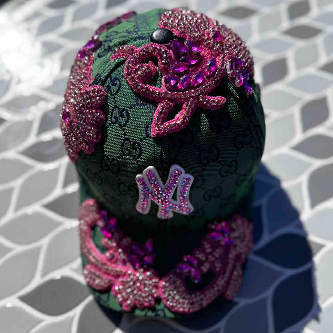 Limited Edition Custom Beaded Pink Crystal Applique Green New York Hat