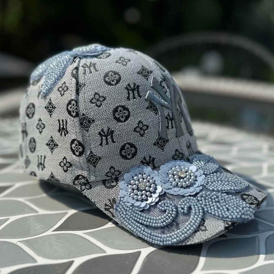 Custom Beaded Light Blue Crystal Applique New York Hat