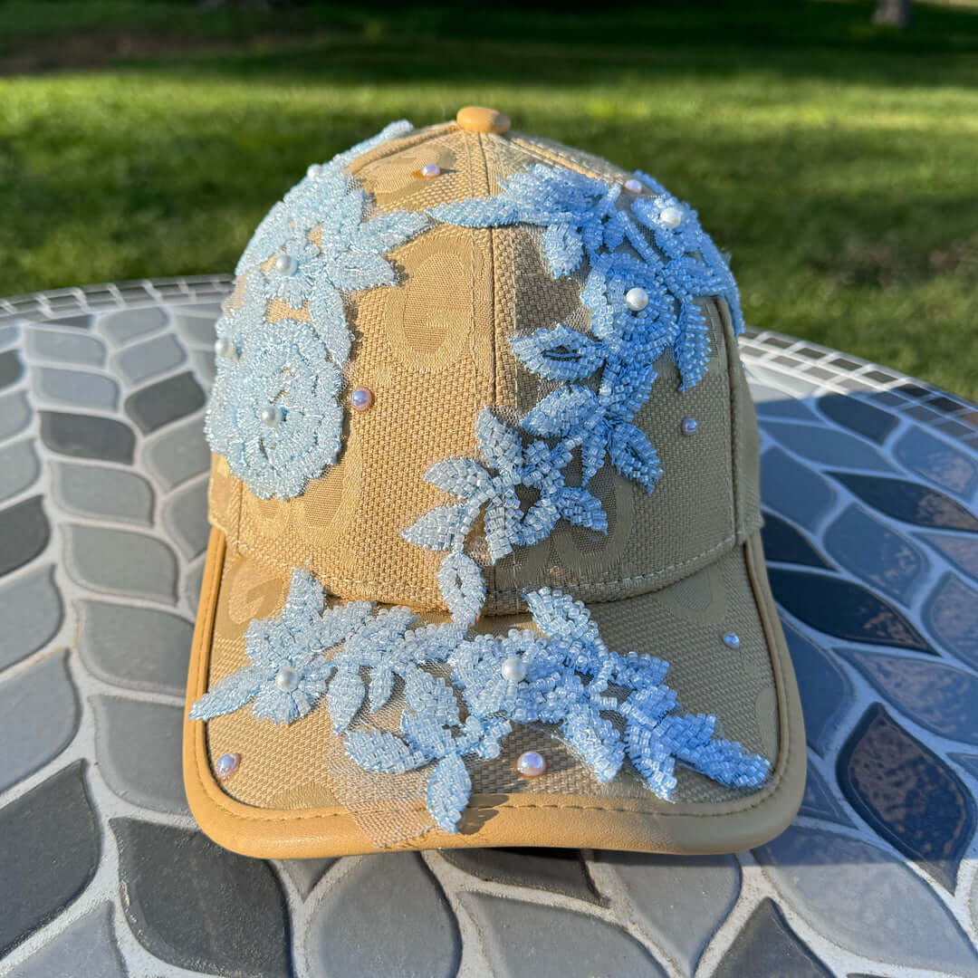Limited Edition Custom Beaded Light Blue Lace and Crystal Applique Hat