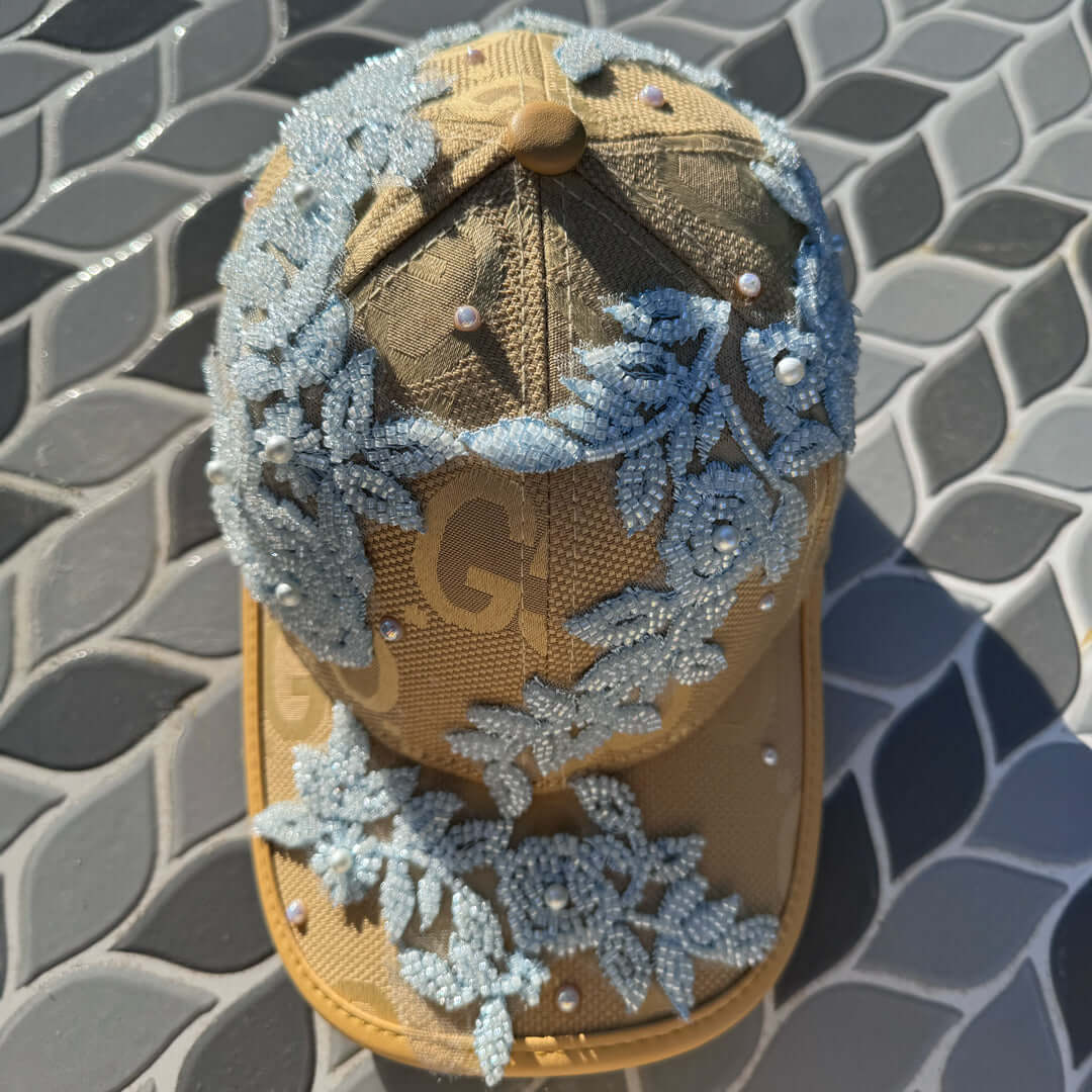 Limited Edition Custom Beaded Light Blue Lace and Crystal Applique Hat