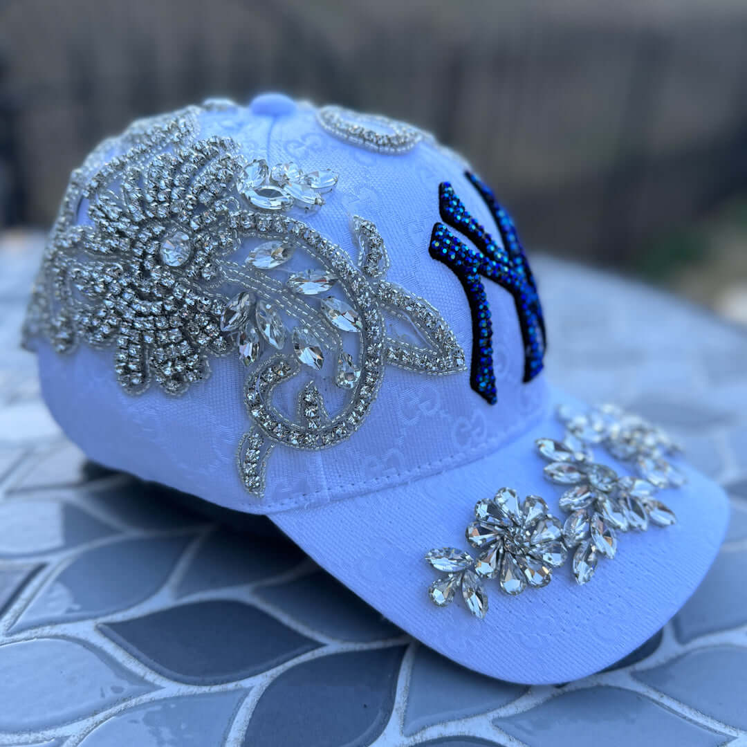 Custom Beaded Silver Crystal Applique White New York Hat