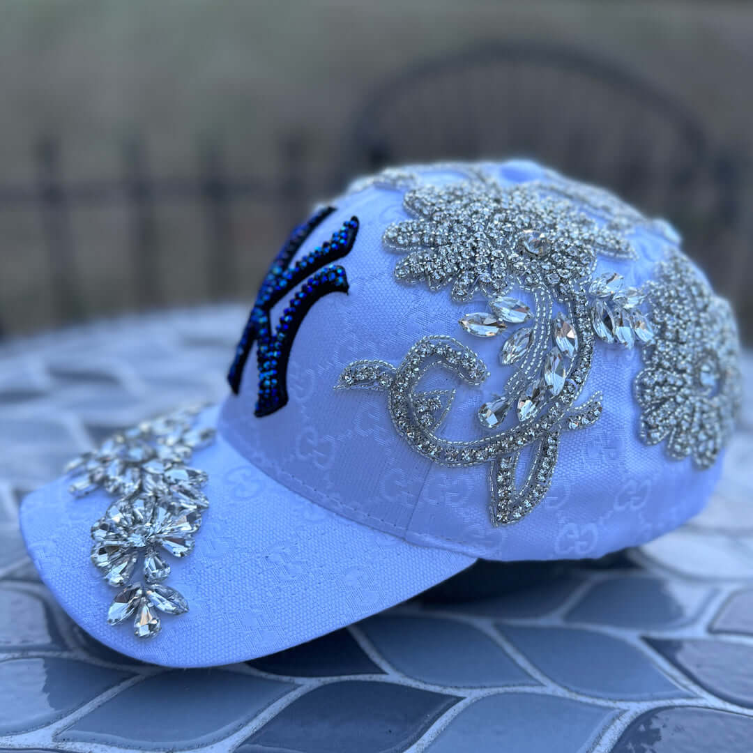 Custom Beaded Silver Crystal Applique White New York Hat