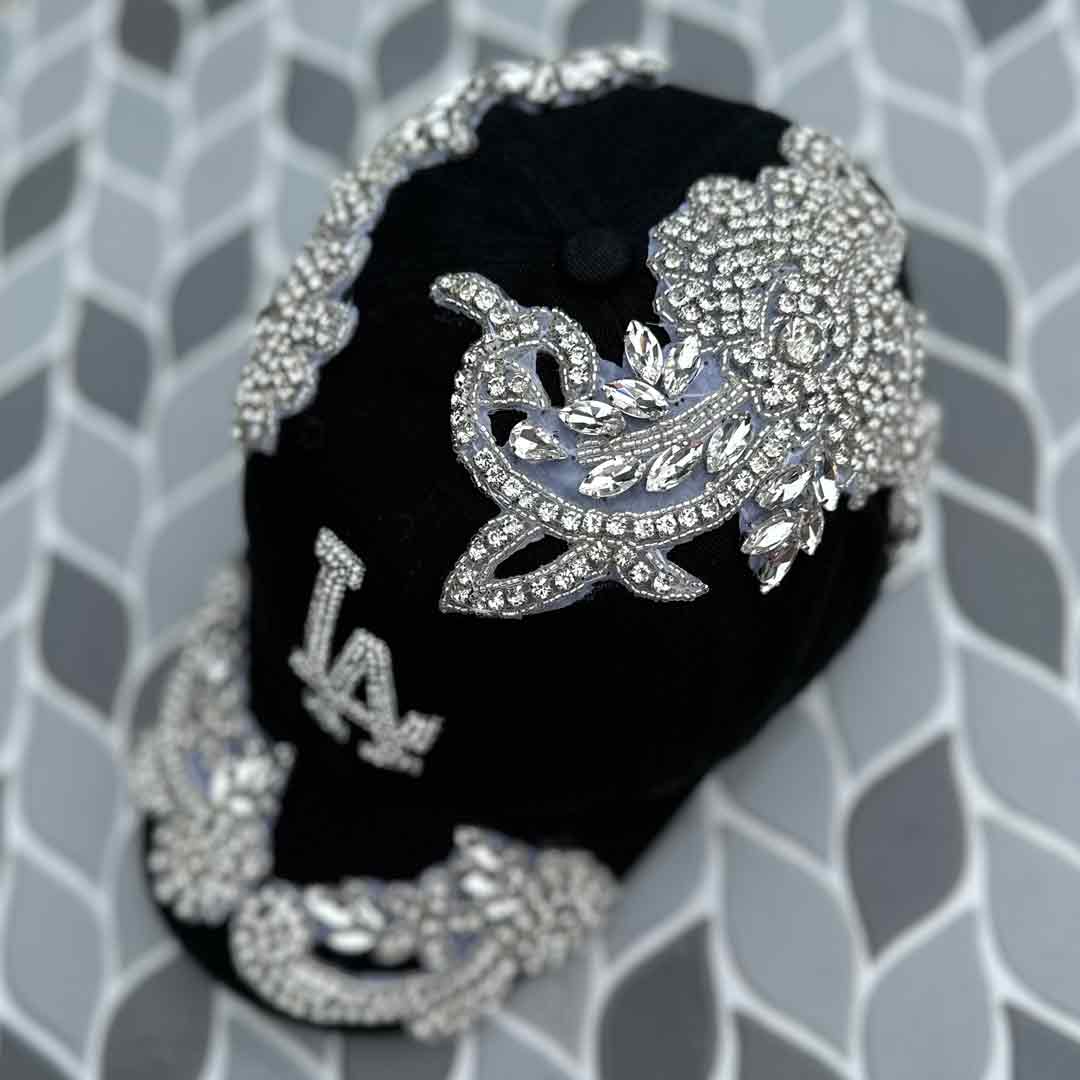 Custom Beaded Silver Crystal Applique LA Hat