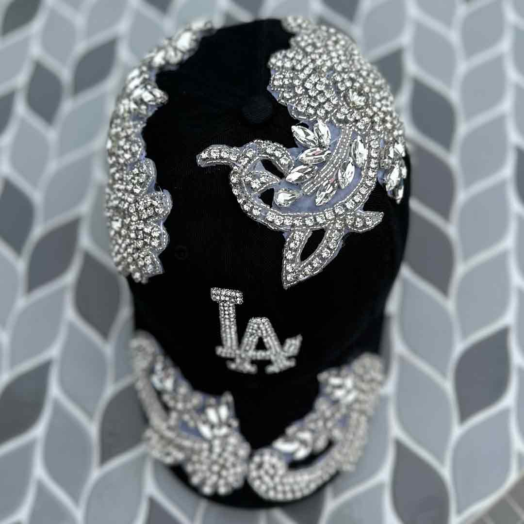 Custom Beaded Silver Crystal Applique LA Hat