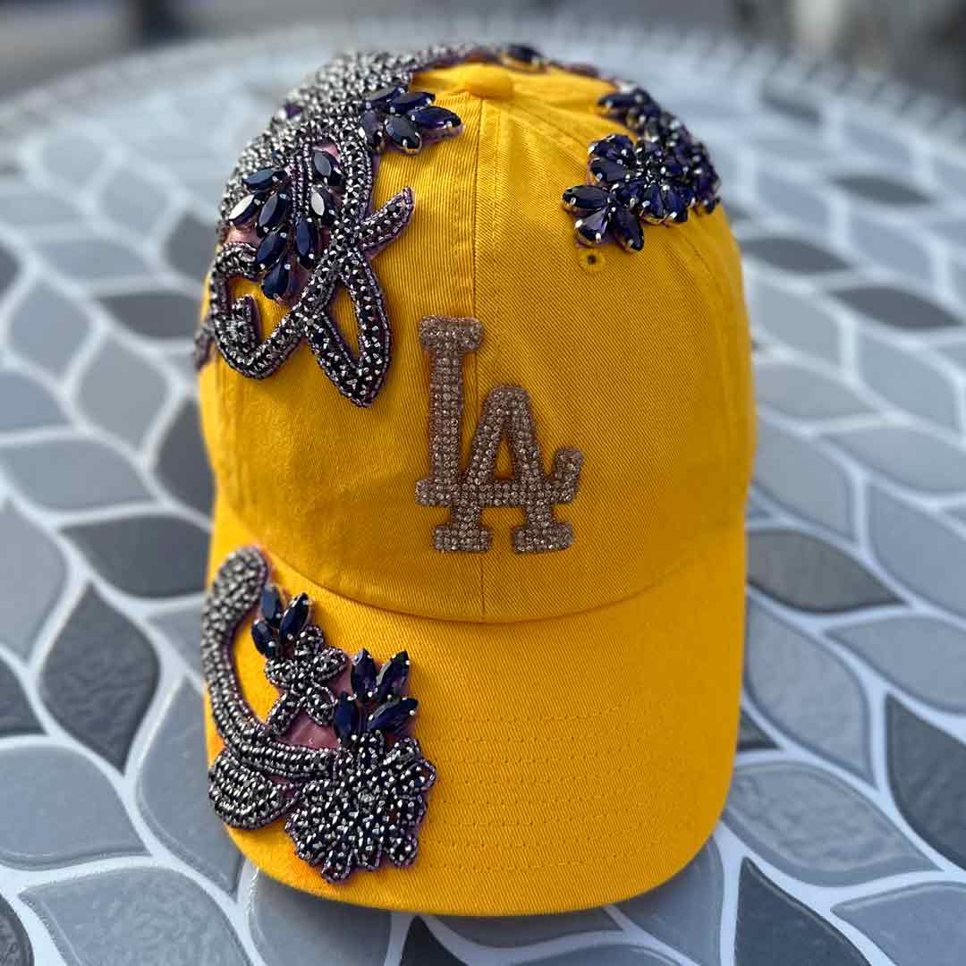 Custom Beaded Purple Crystal Applique LA Hat